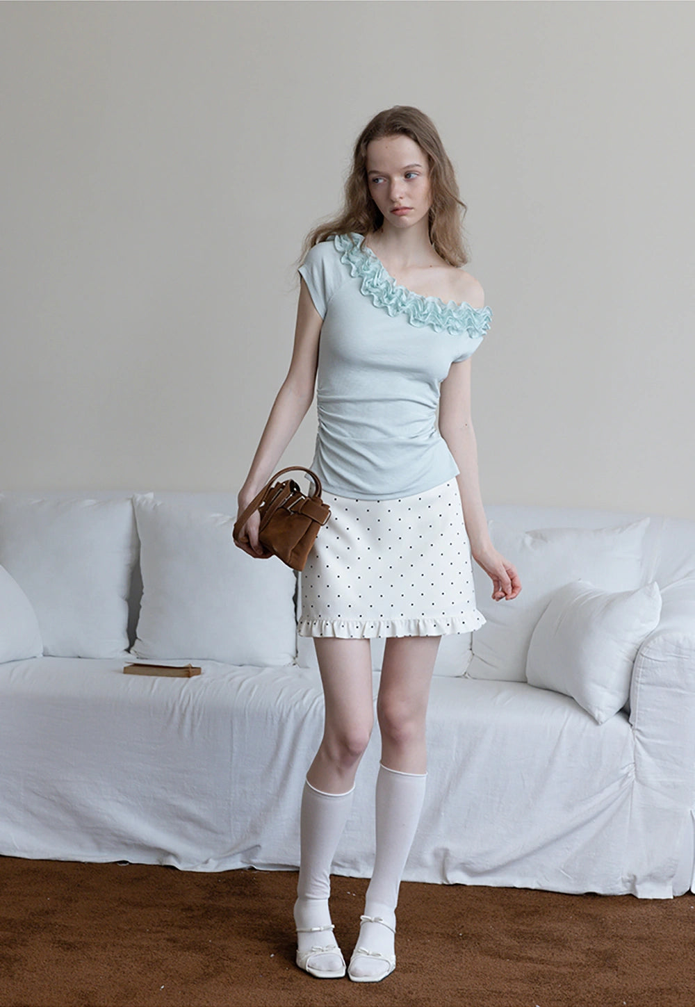 Ruffled Off-Shoulder Fitted Knit Top