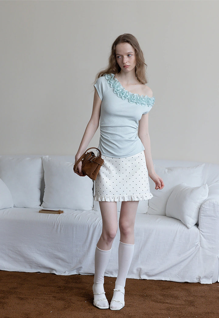 Ruffled Off-Shoulder Fitted Knit Top