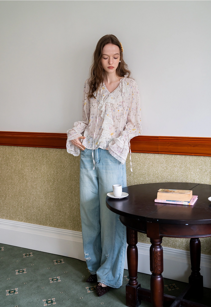 Women's Floral Ruffle Lace V-Neck Long-Sleeve Blouse