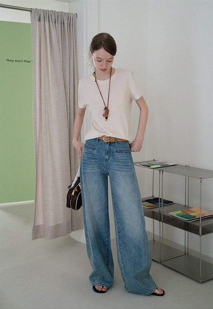 Cotton Tee with Crochet Pocket Detail