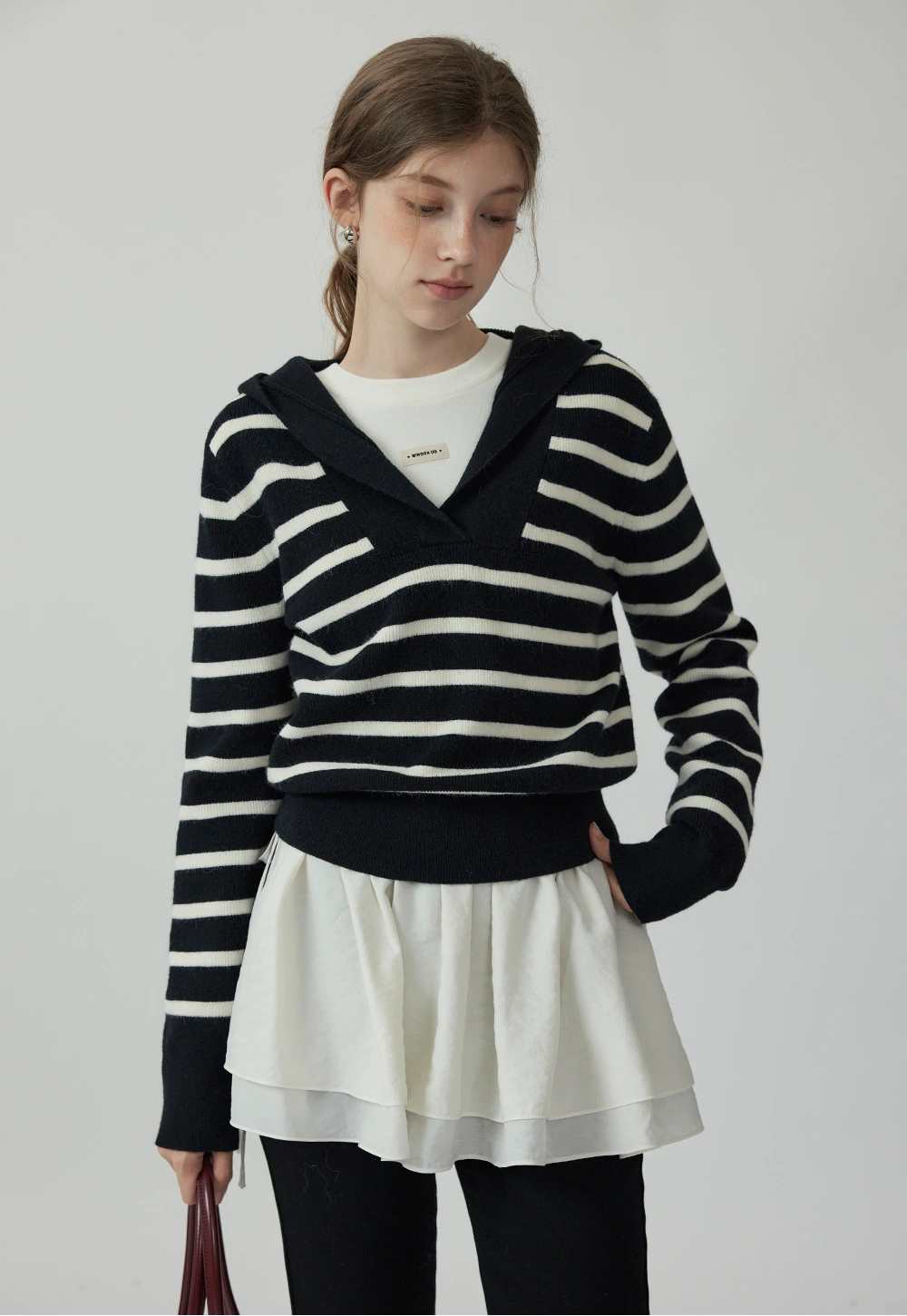 Women's Black & White Striped Hoodie Sweater
