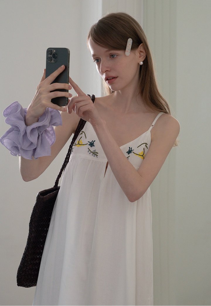 Floral Embroidered Spaghetti Strap Midi Dress
