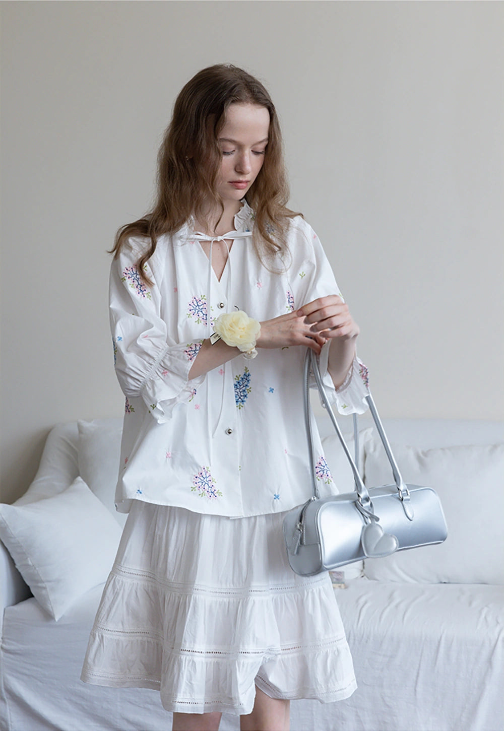 Floral Embroidered Ruffle Neck Long Sleeve Blouse