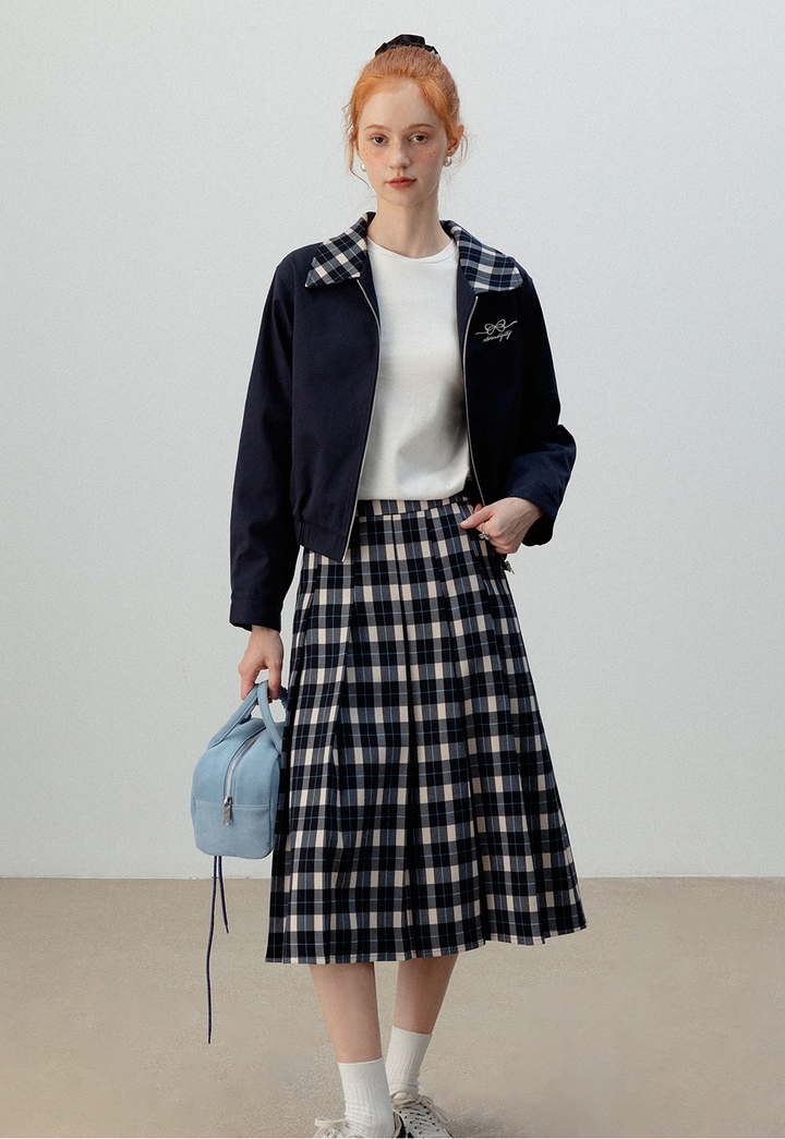 Plaid-Collar Zip-Up Jacket and Matching Plaid Skirt Set