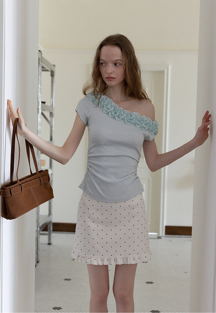 Ruffled Off-Shoulder Fitted Knit Top