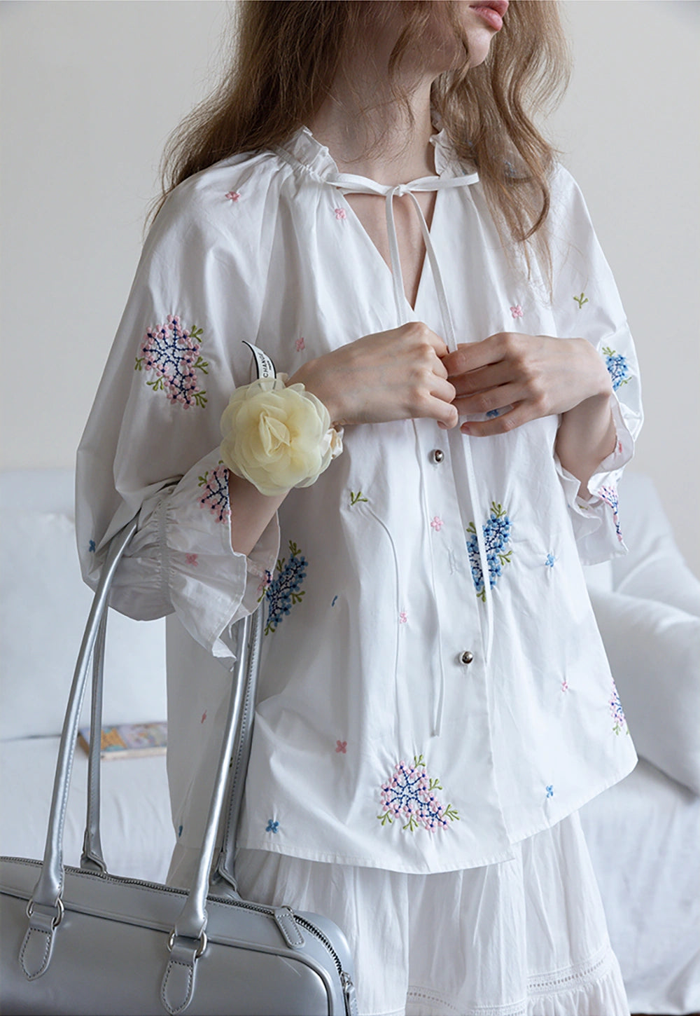 Floral Embroidered Ruffle Neck Long Sleeve Blouse
