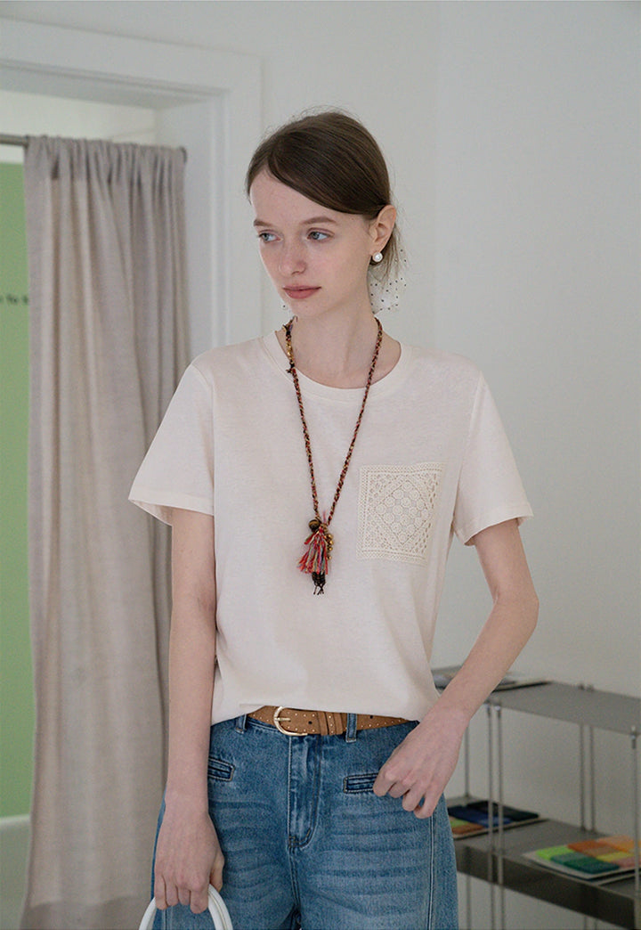 Cotton Tee with Crochet Pocket Detail