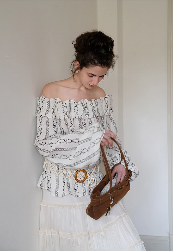 Women's Off Shoulder Ruffle Blouse with Puff Sleeves