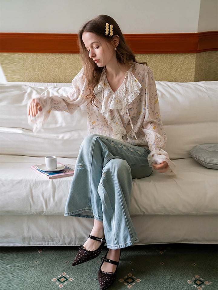 Women's Floral Ruffle Lace V-Neck Long-Sleeve Blouse
