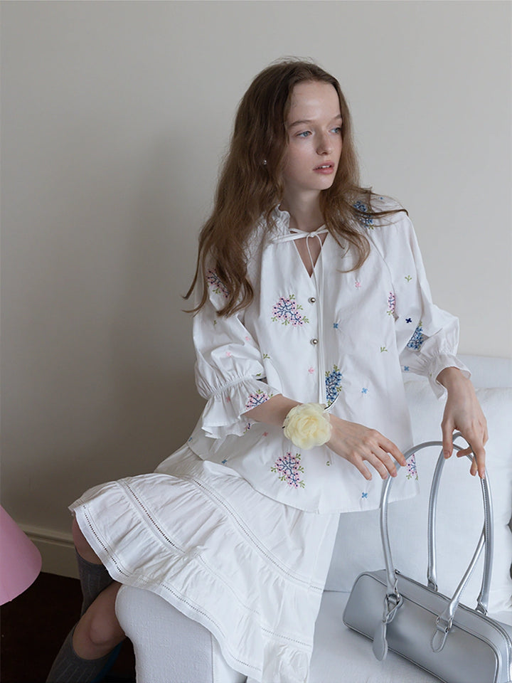 Floral Embroidered Ruffle Neck Long Sleeve Blouse