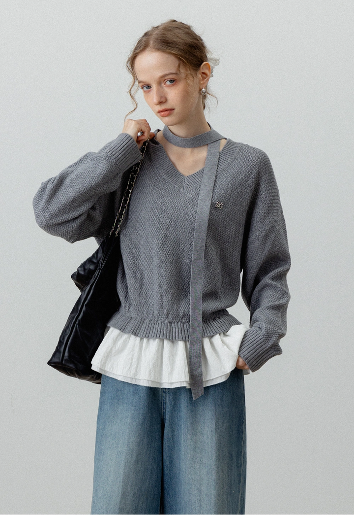 Women's V Neck Layered Knit Sweater