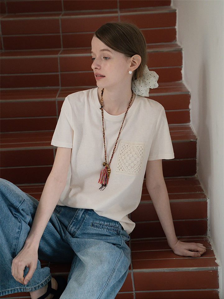 Cotton Tee with Crochet Pocket Detail
