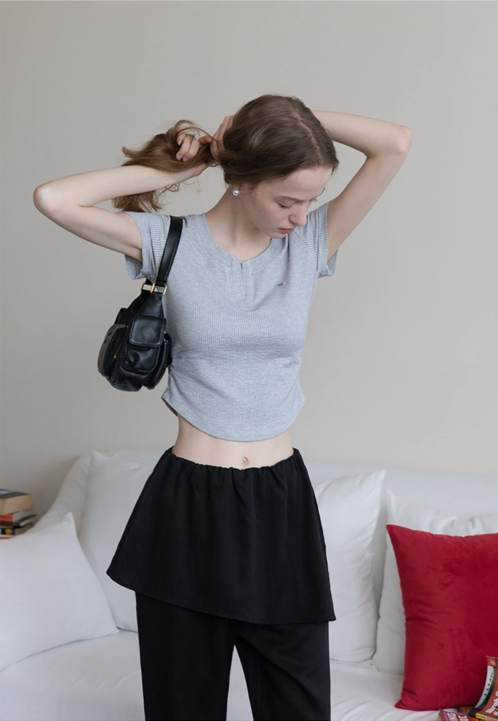 Waffle Knit Notch Neck Fitted T-Shirt