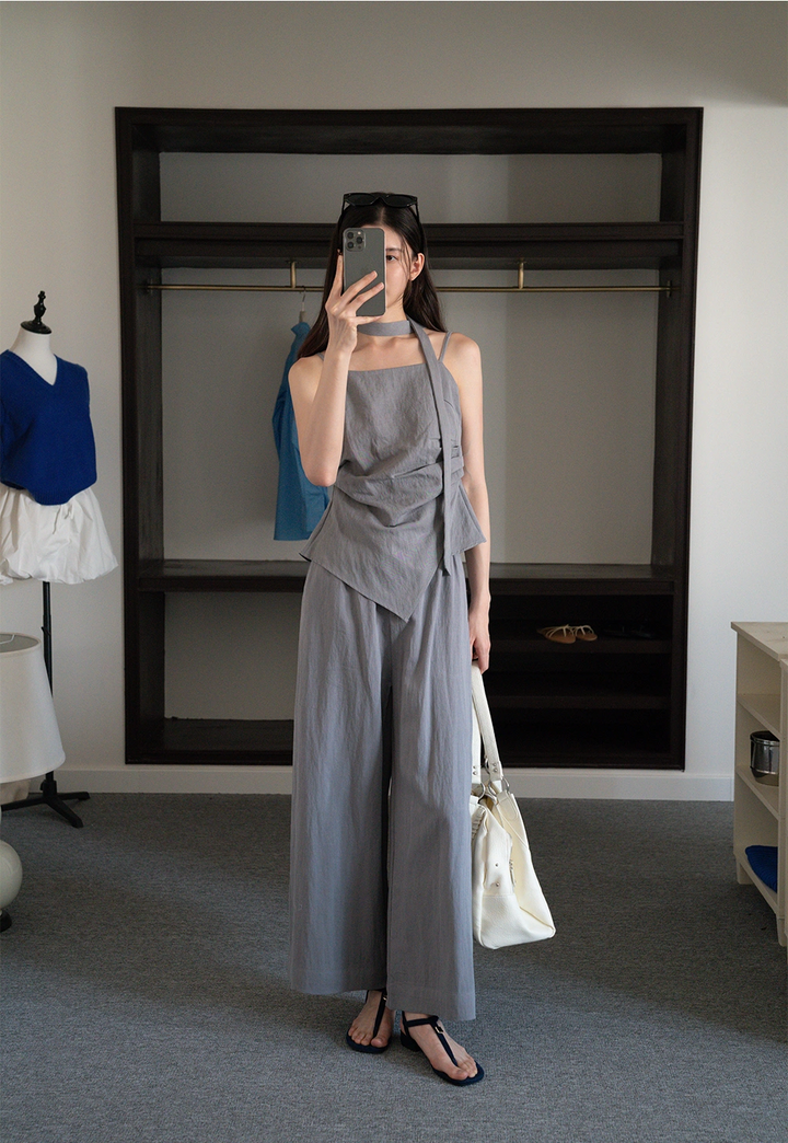 Women's 2 Piece Set – Asymmetrical Strap Top and Wide Leg Pants Outfit