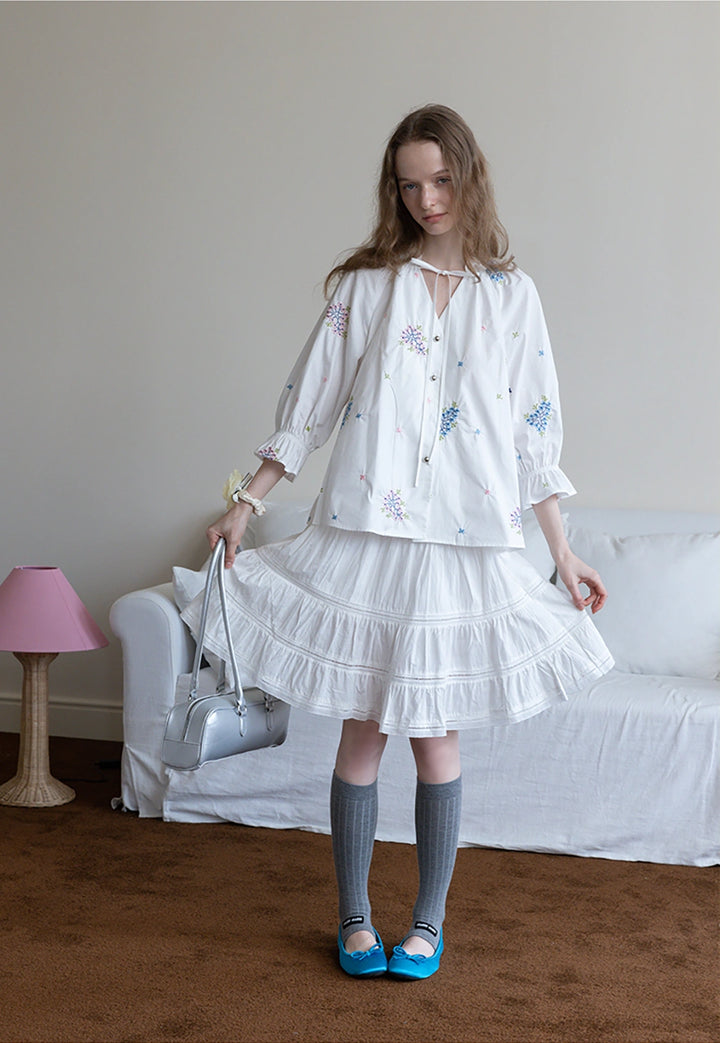 Floral Embroidered Ruffle Neck Long Sleeve Blouse