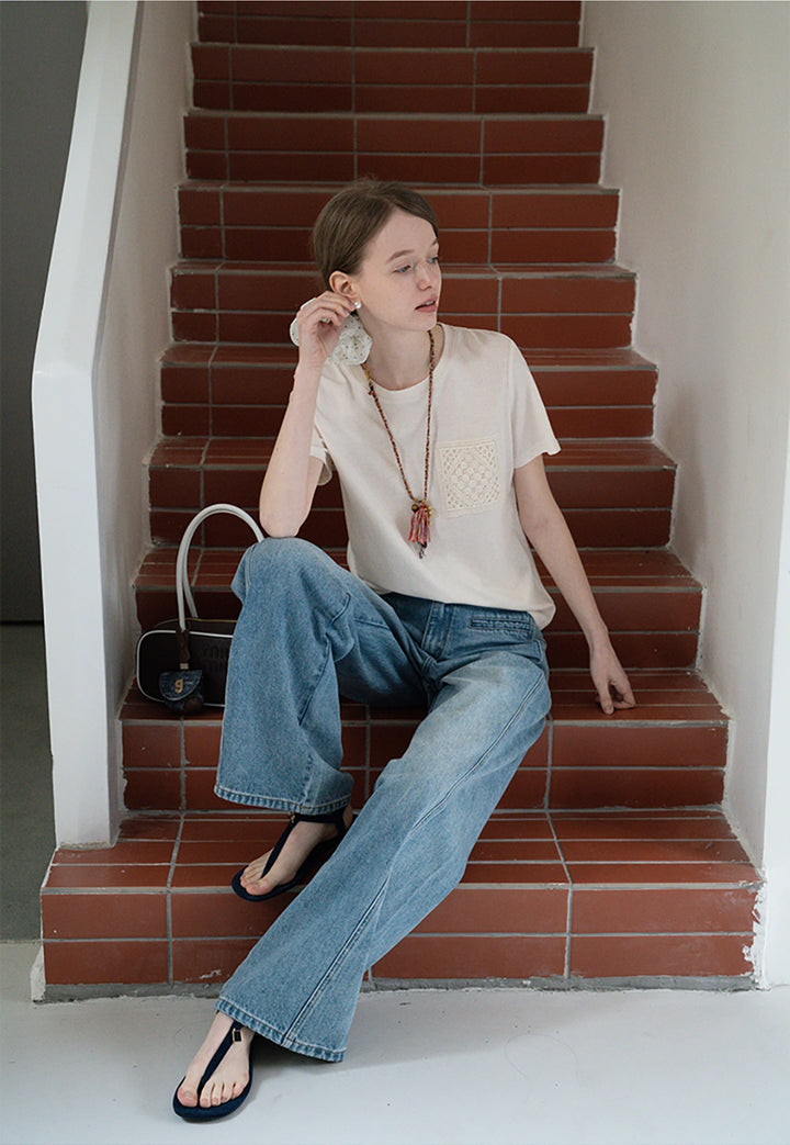 Cotton Tee with Crochet Pocket Detail