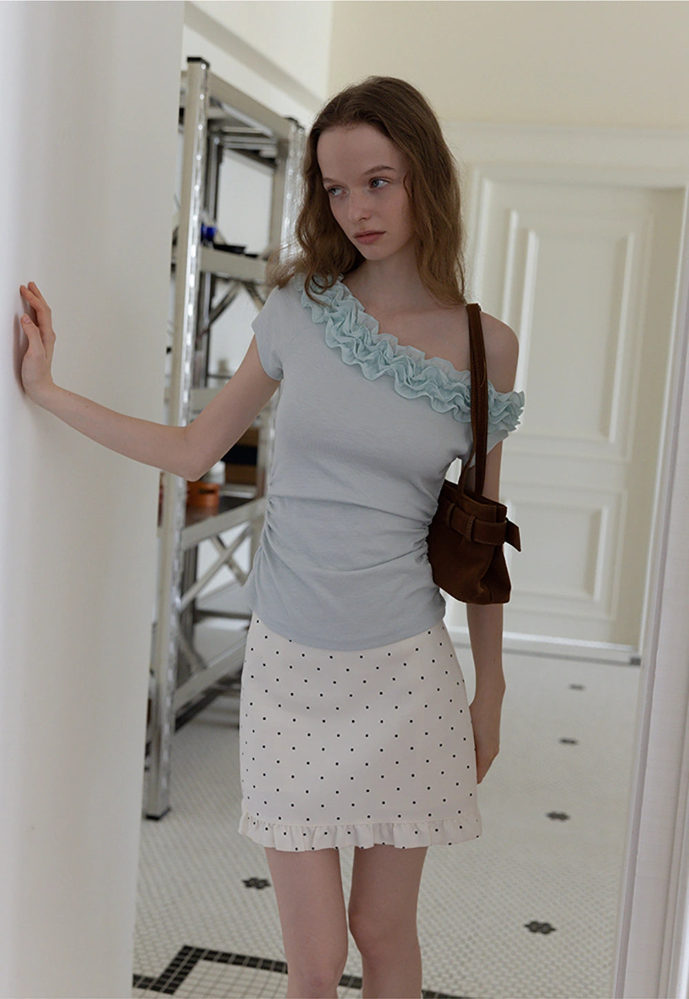 Ruffled Off-Shoulder Fitted Knit Top