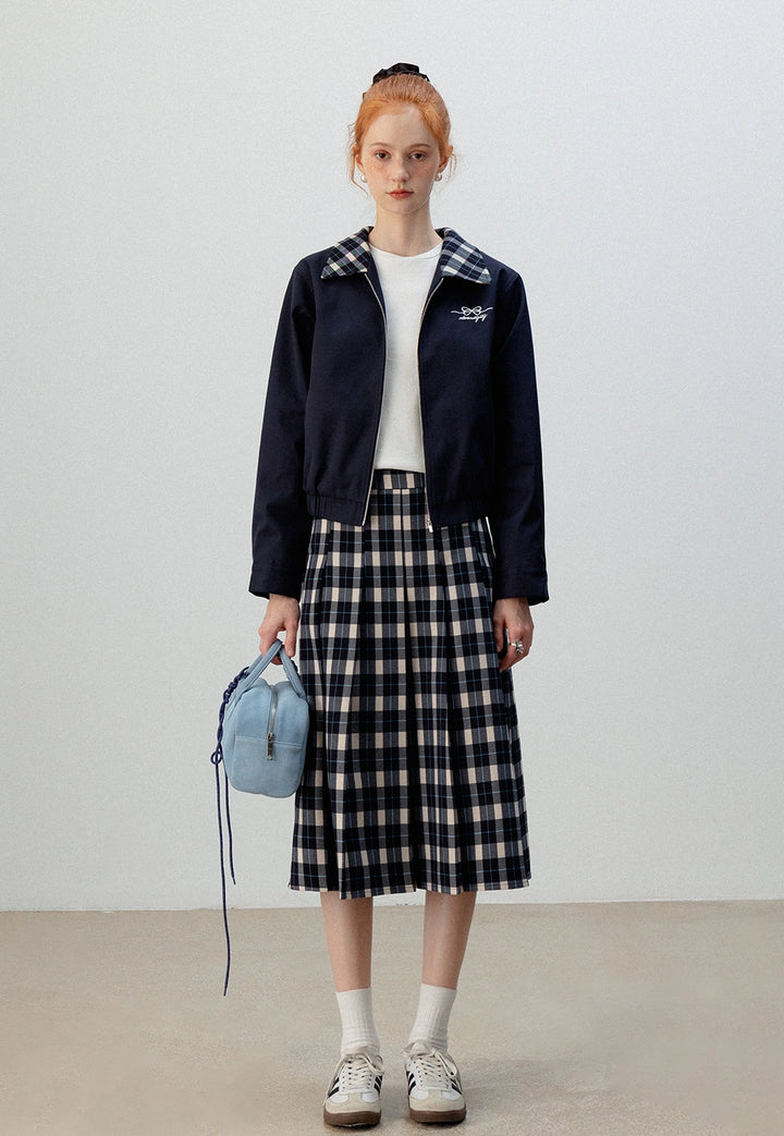 Plaid-Collar Zip-Up Jacket and Matching Plaid Skirt Set