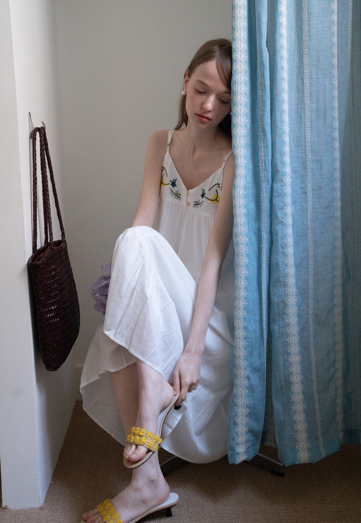 Floral Embroidered Spaghetti Strap Midi Dress