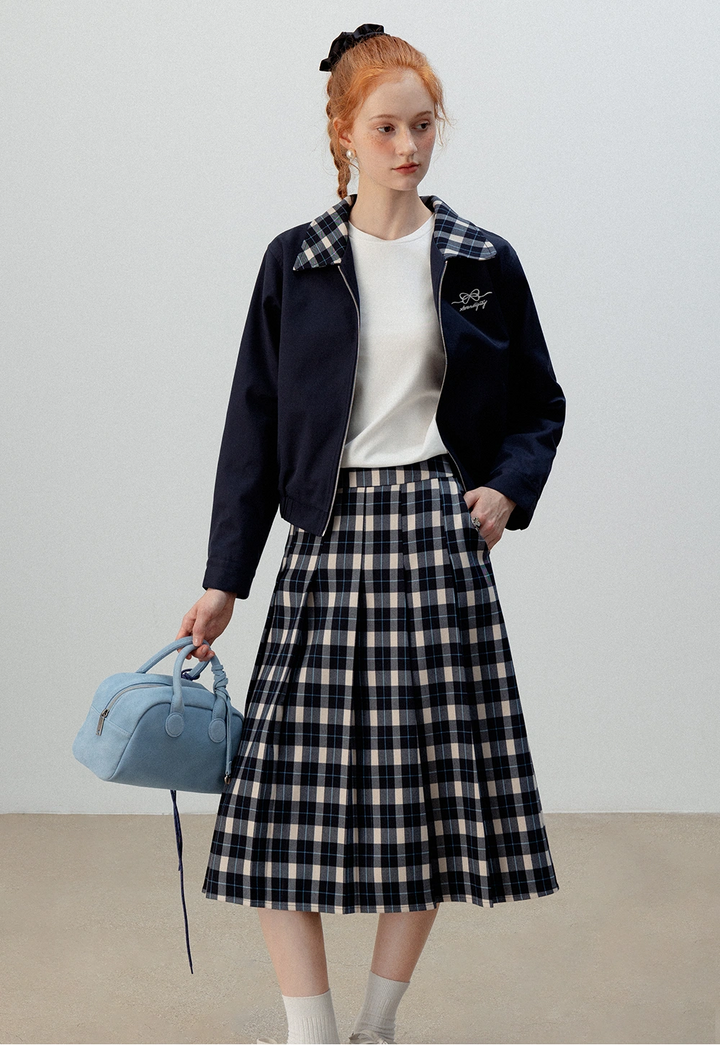 Plaid-Collar Zip-Up Jacket and Matching Plaid Skirt Set