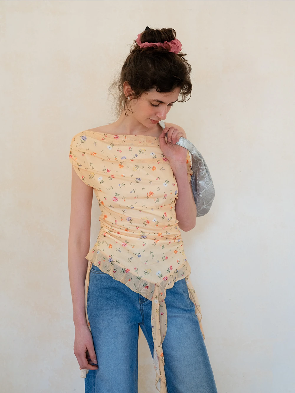 Women's Floral Drape Neck Ruffle Tank Top