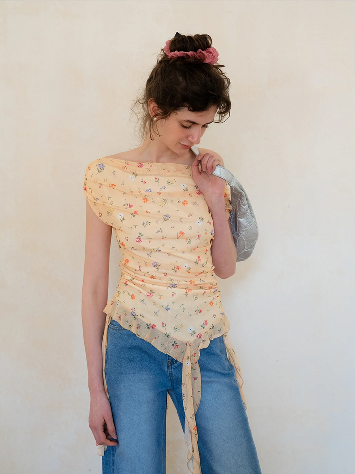 Women's Floral Drape Neck Ruffle Tank Top