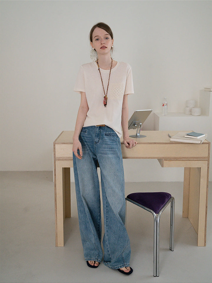 Cotton Tee with Crochet Pocket Detail