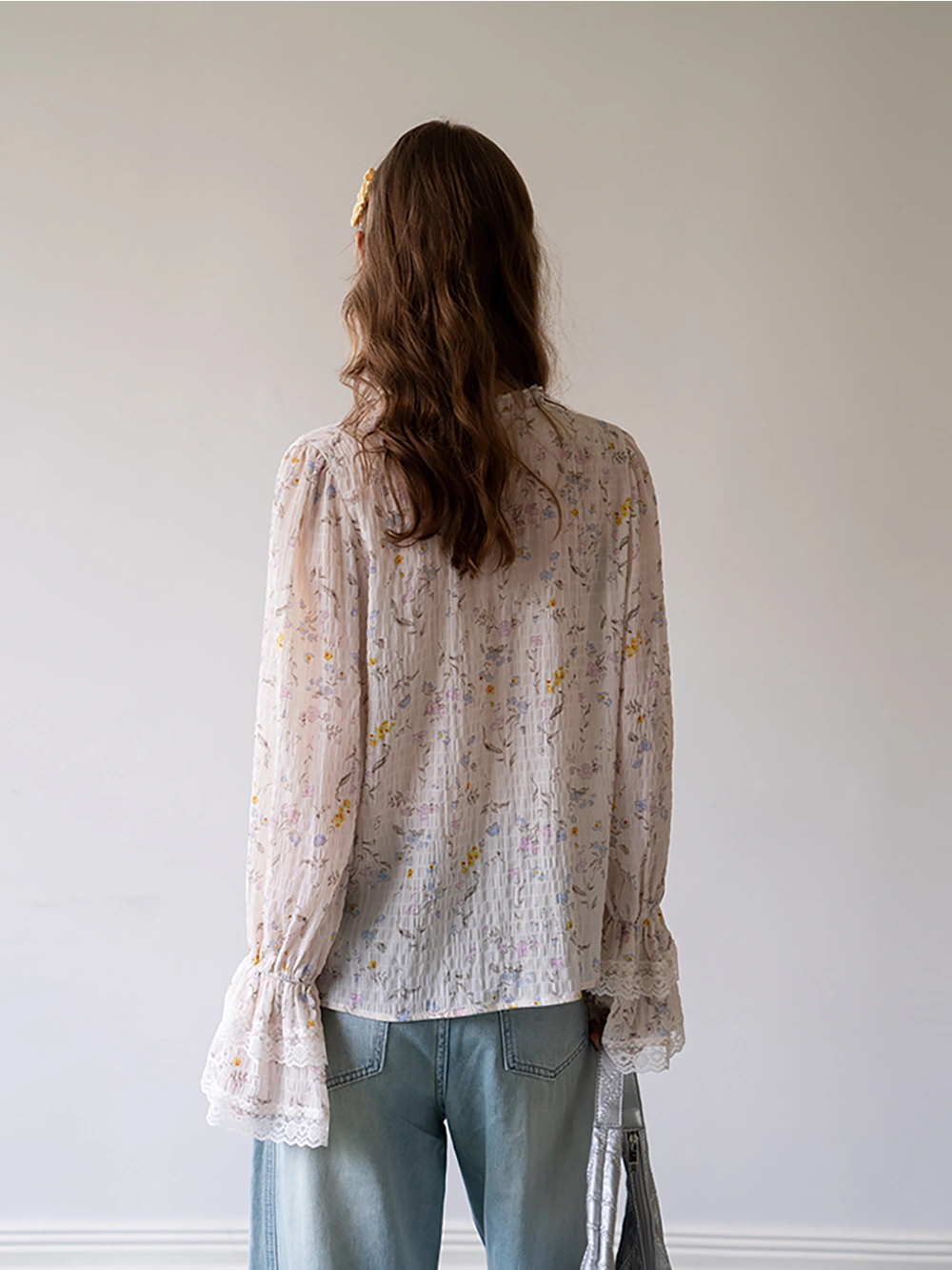 Women's Floral Ruffle Lace V-Neck Long-Sleeve Blouse
