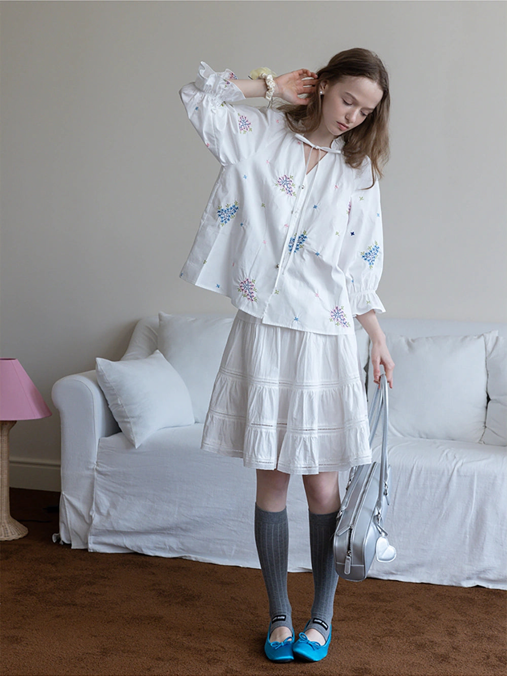 Floral Embroidered Ruffle Neck Long Sleeve Blouse