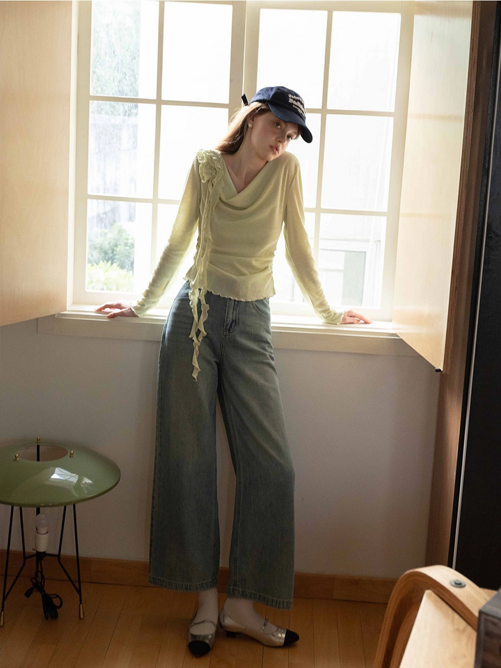 Women’s Swling Neck Pleated Long Sleeve Knit Top