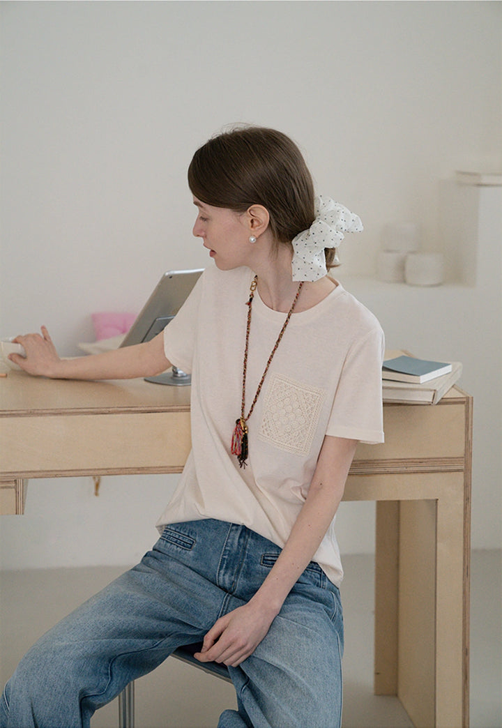 Cotton Tee with Crochet Pocket Detail