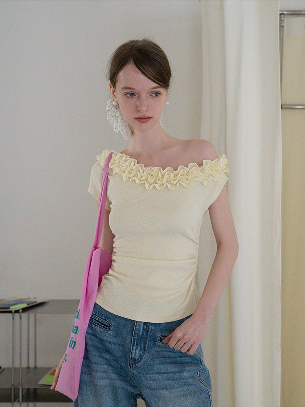 Ruffled Off-Shoulder Fitted Knit Top