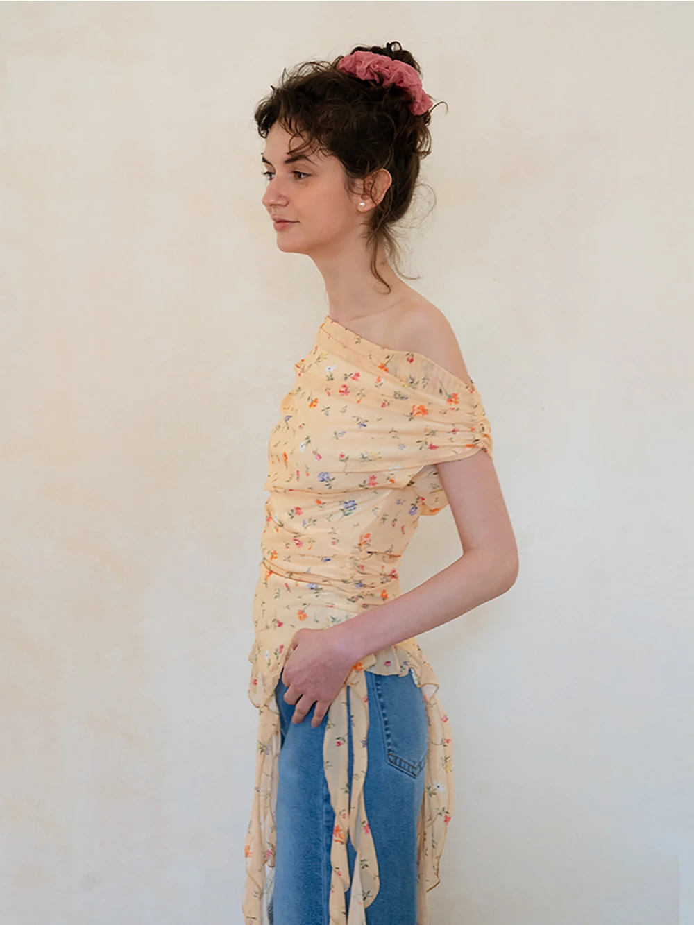 Women's Floral Drape Neck Ruffle Tank Top