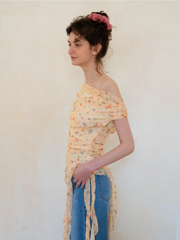 Women's Floral Drape Neck Ruffle Tank Top