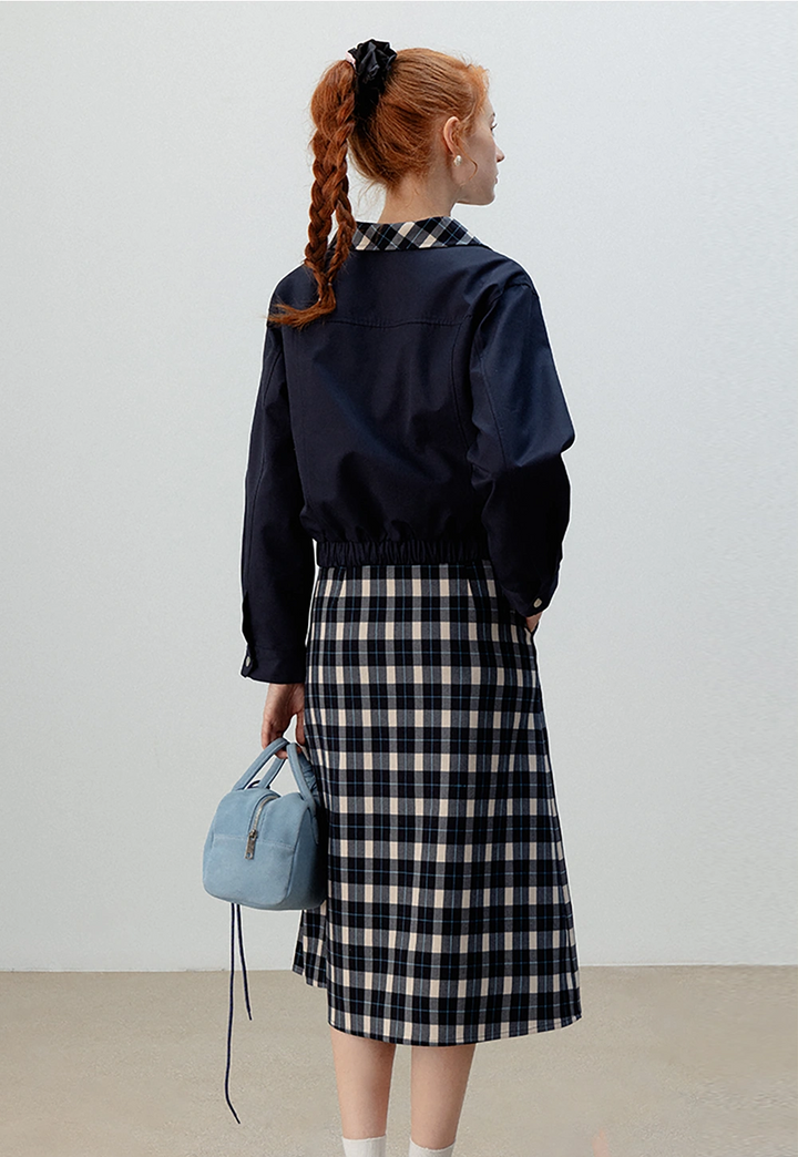 Plaid-Collar Zip-Up Jacket and Matching Plaid Skirt Set
