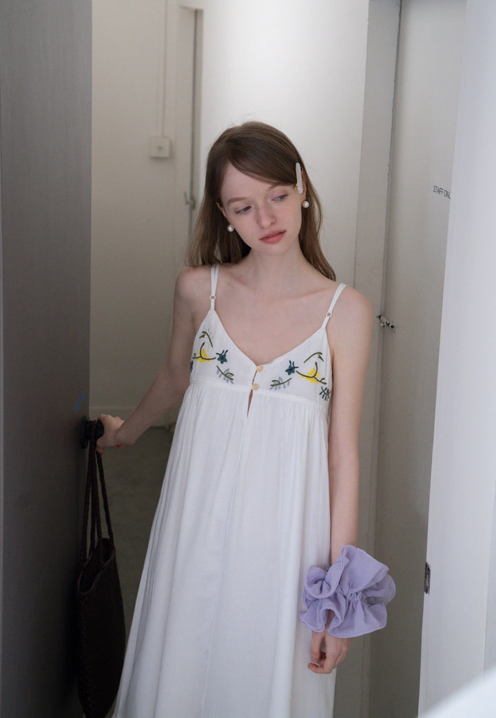 Floral Embroidered Spaghetti Strap Midi Dress