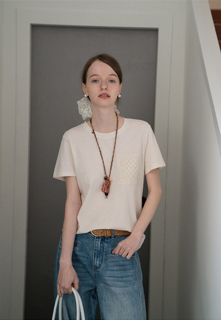 Cotton Tee with Crochet Pocket Detail