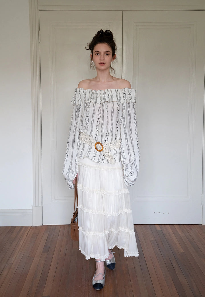 Women's Off Shoulder Ruffle Blouse with Puff Sleeves