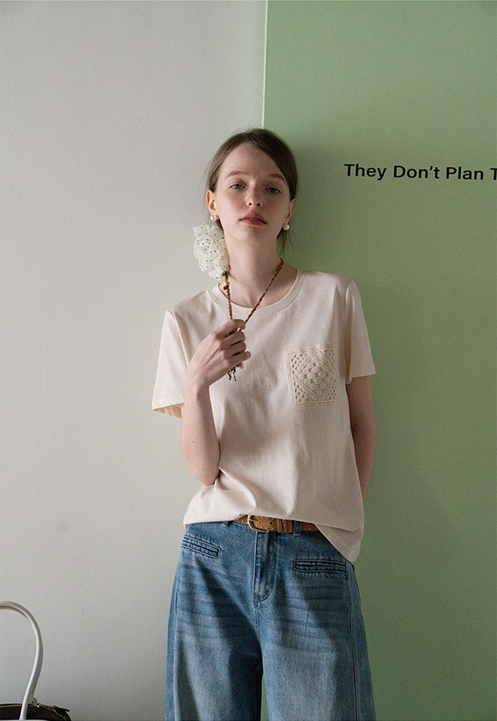 Cotton Tee with Crochet Pocket Detail