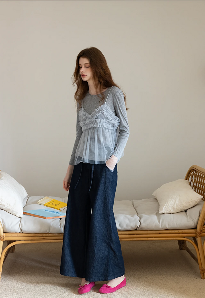 Vintage Loose Wide-Leg Jeans with Waist Tie
