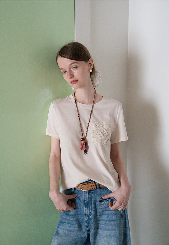 Cotton Tee with Crochet Pocket Detail