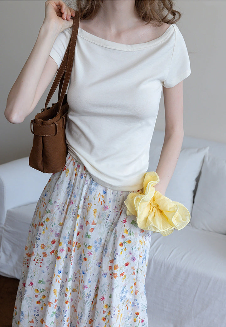 Off-Shoulder Ribbed Knit Slim Tee