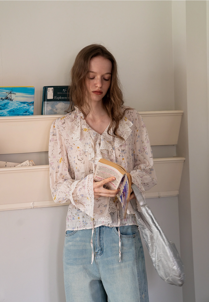 Women's Floral Ruffle Lace V-Neck Long-Sleeve Blouse