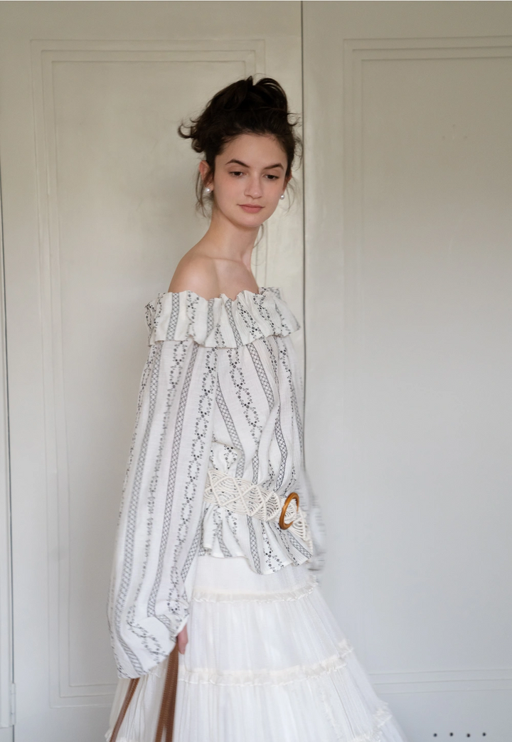 Women's Off Shoulder Ruffle Blouse with Puff Sleeves