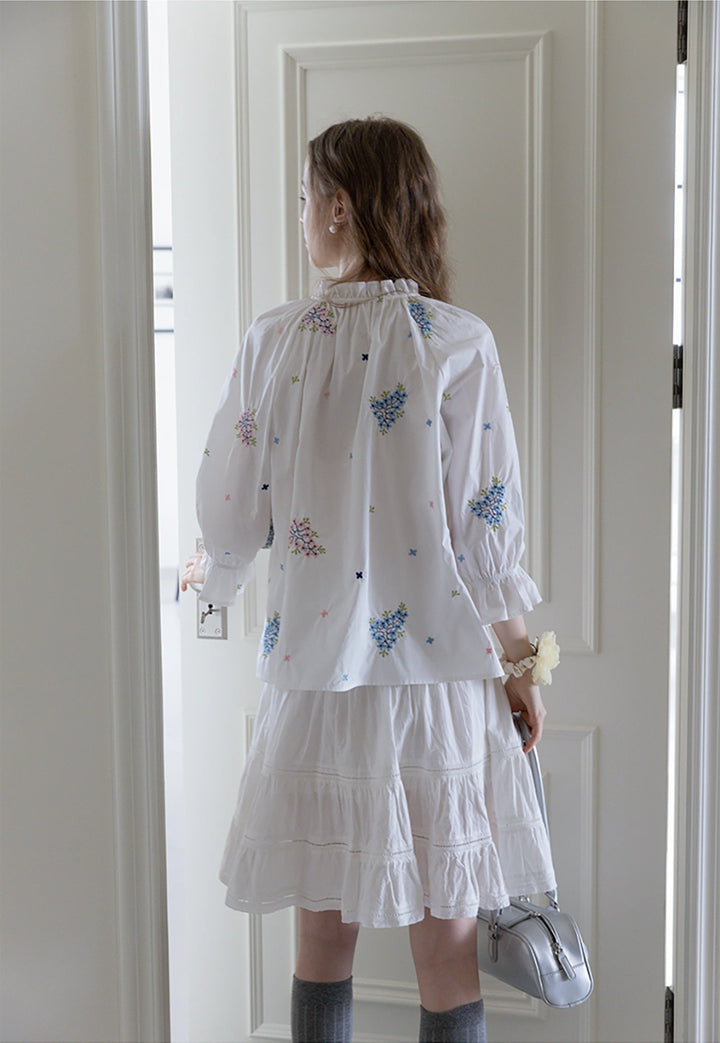 Floral Embroidered Ruffle Neck Long Sleeve Blouse