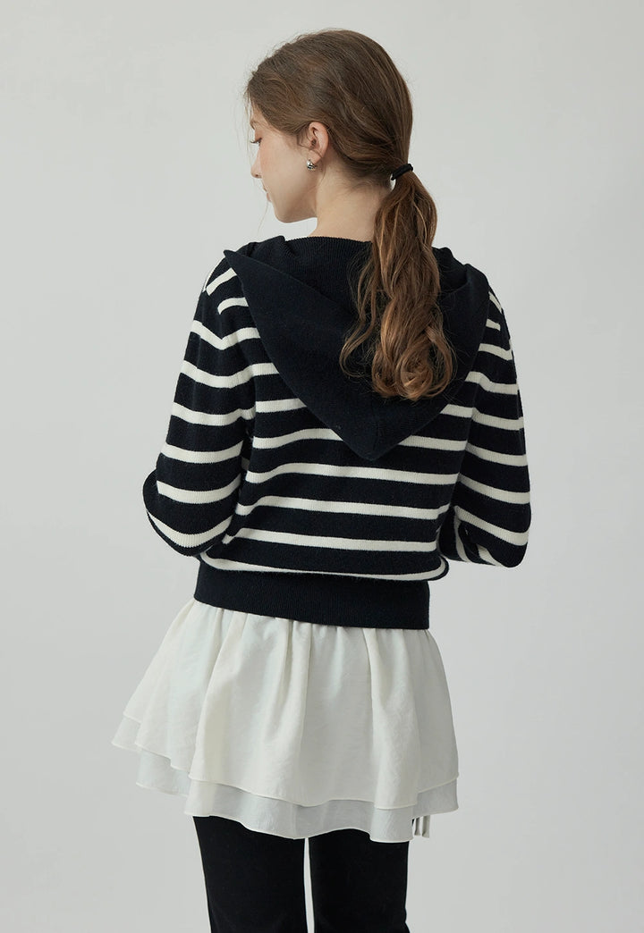 Women's Black & White Striped Hoodie Sweater