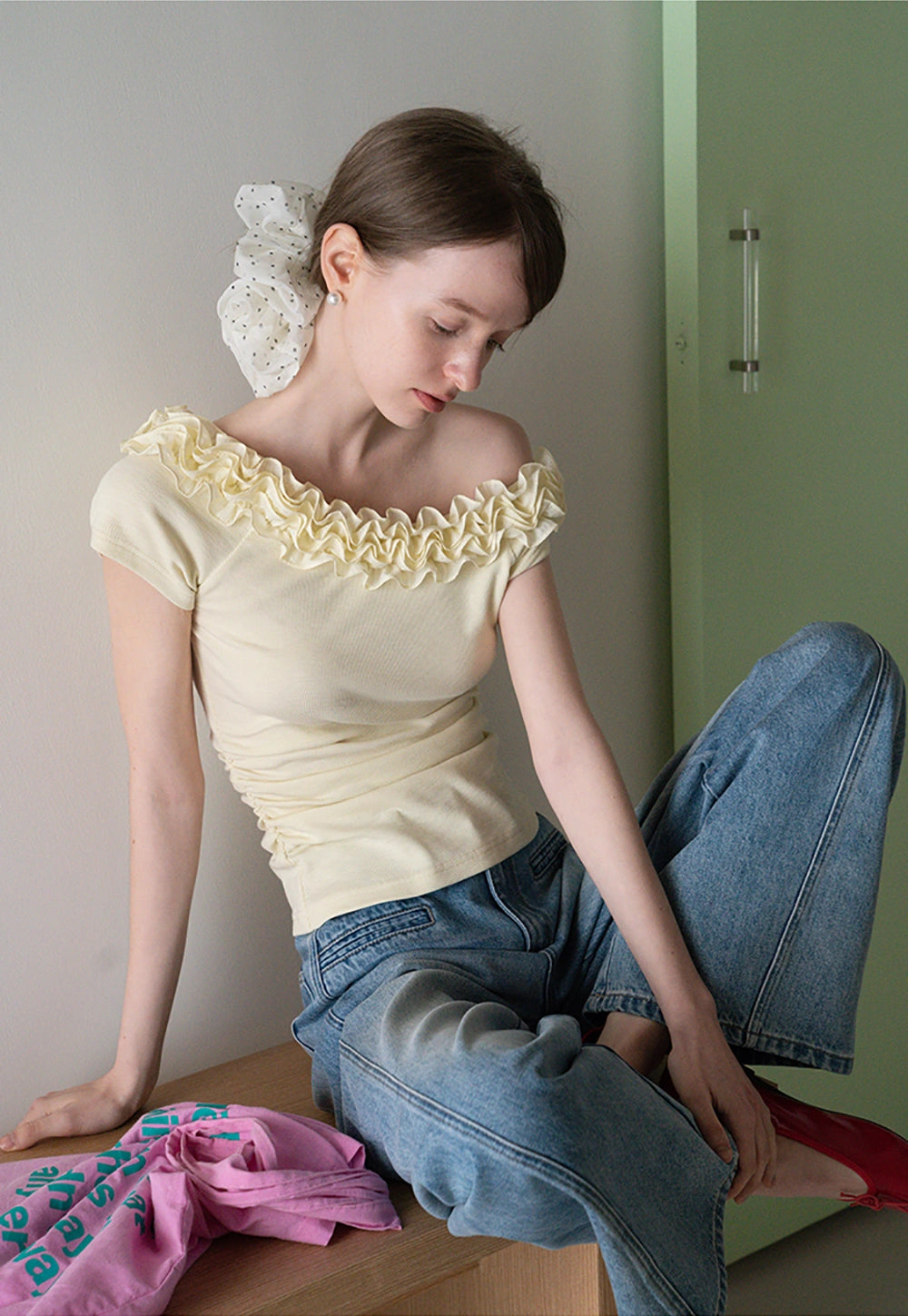 Ruffled Off-Shoulder Fitted Knit Top
