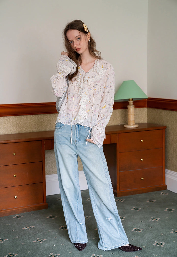 Women's Floral Ruffle Lace V-Neck Long-Sleeve Blouse