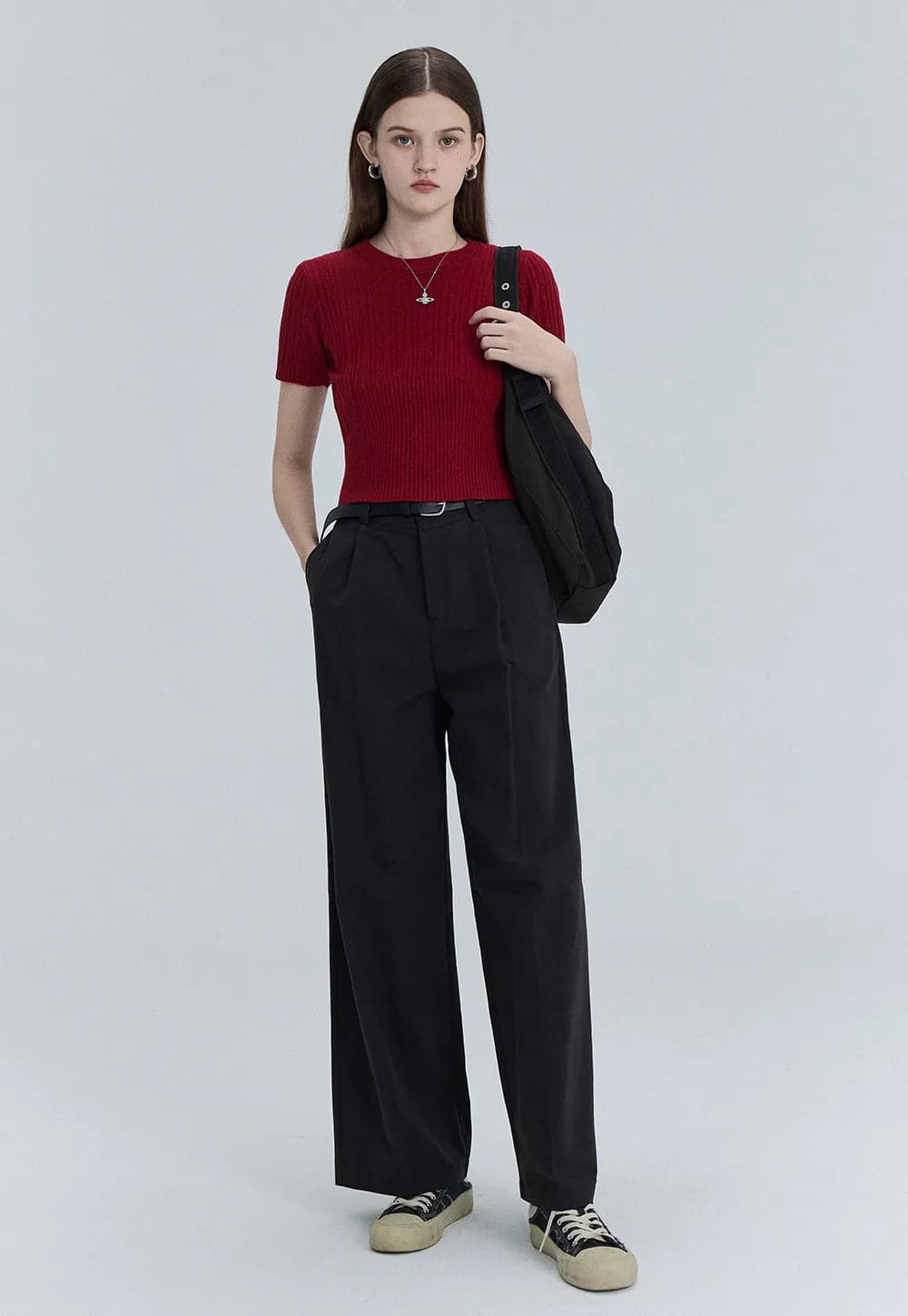 Classic Ribbed Crewneck Short-Sleeve Knit Top