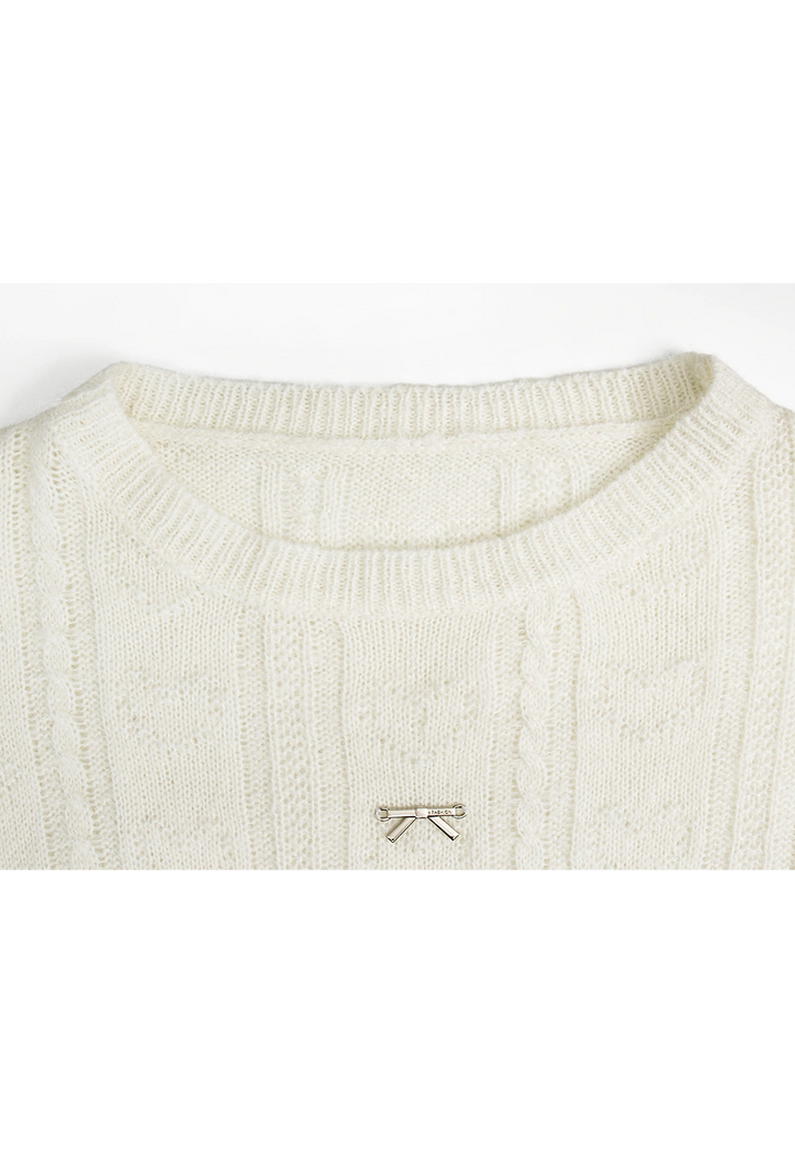 Women's Cropped Cable Knit Sweater with Bow Detail